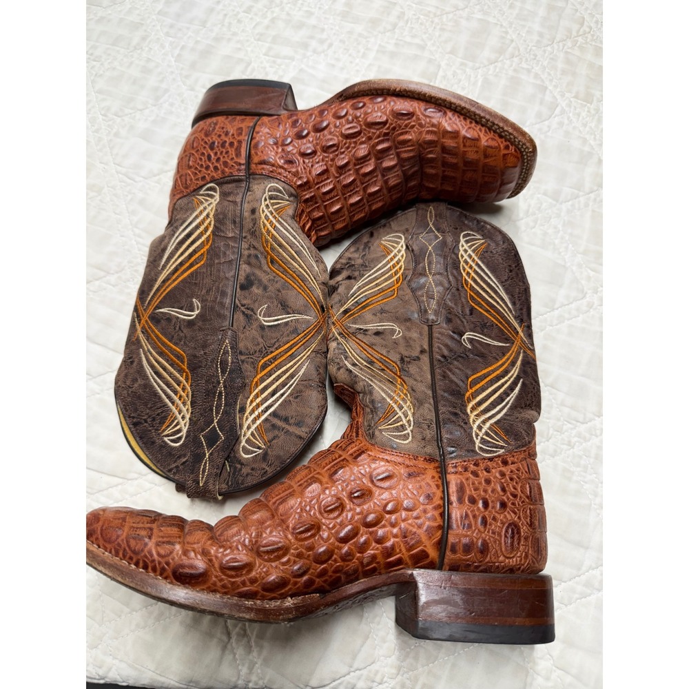 Cavenders Hornback Caiman Western Boots Mens 7.5 D Cognac Brown Square Toe